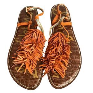 Sam Edelman Gela Fringe Sandals size 8.5M Orange Suede Flat T-Strap Boho Shoes